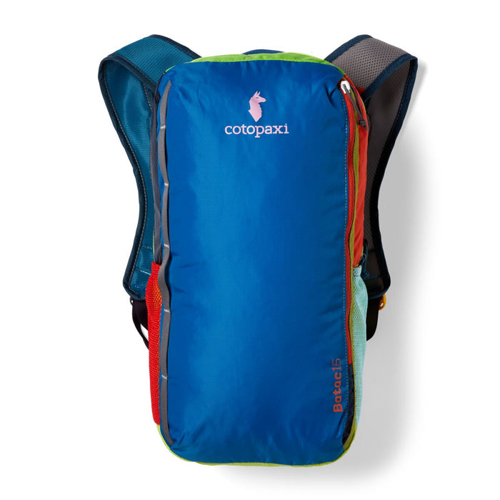 Cotopaxi Batac backpack with a blue base and a colorful brand emblem