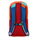 Detailed view of the Cotopaxi Batac backpack featuring vibrant straps and a red and blue color palette