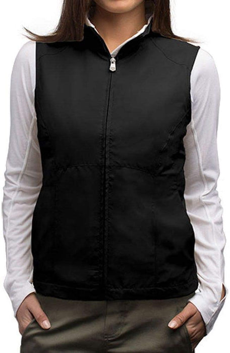 Sleek black ScotteVest for women with a front zipper detail