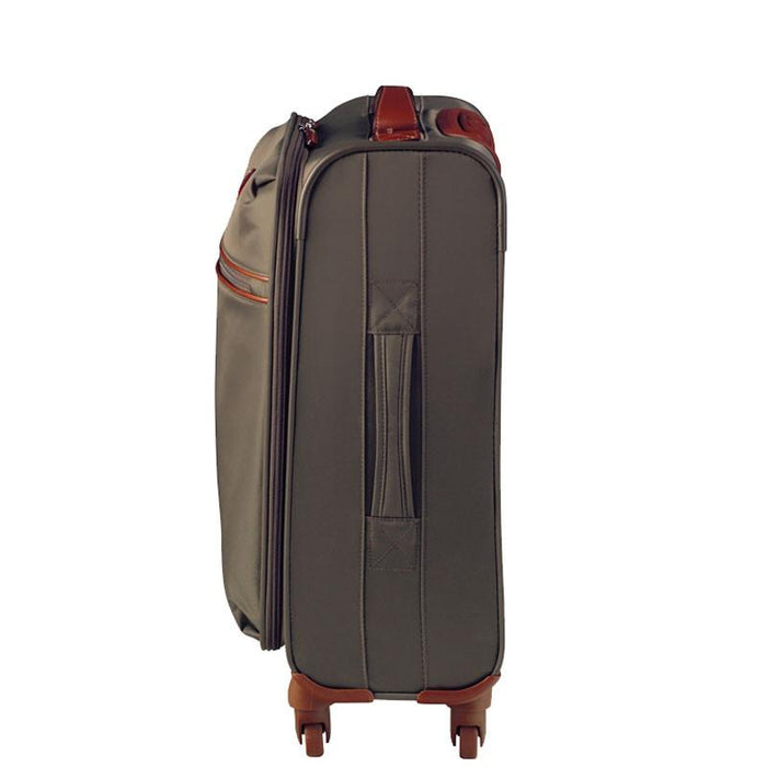 Angled perspective of black four-wheel carry-on spinner on a white background