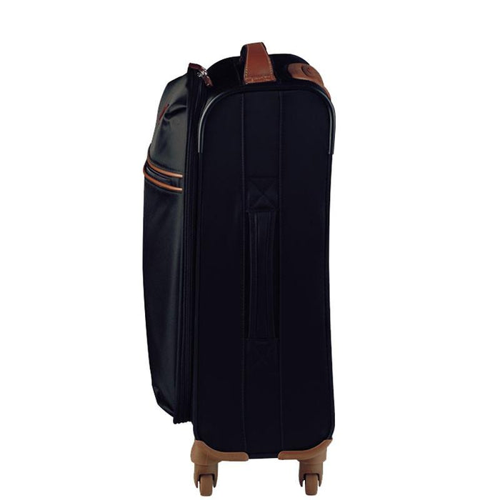 Side view of black carry-on spinner with four wheels against a white background
