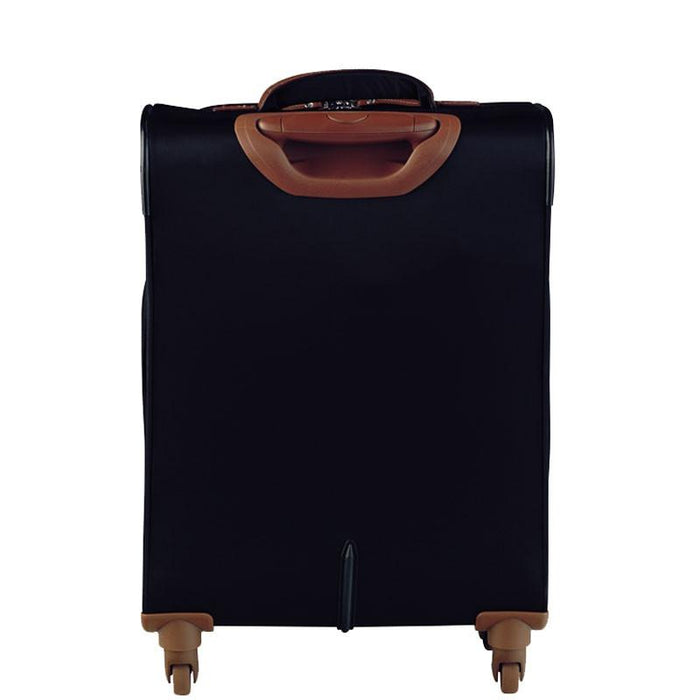 Frontal view of black four-wheel carry-on spinner suitcase on white