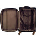 Black carry-on spinner with brown accents on handle and zipper