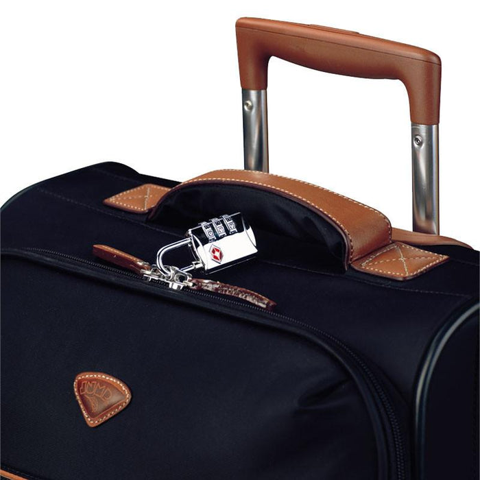 Black four-wheel carry-on spinner with integrated lock feature