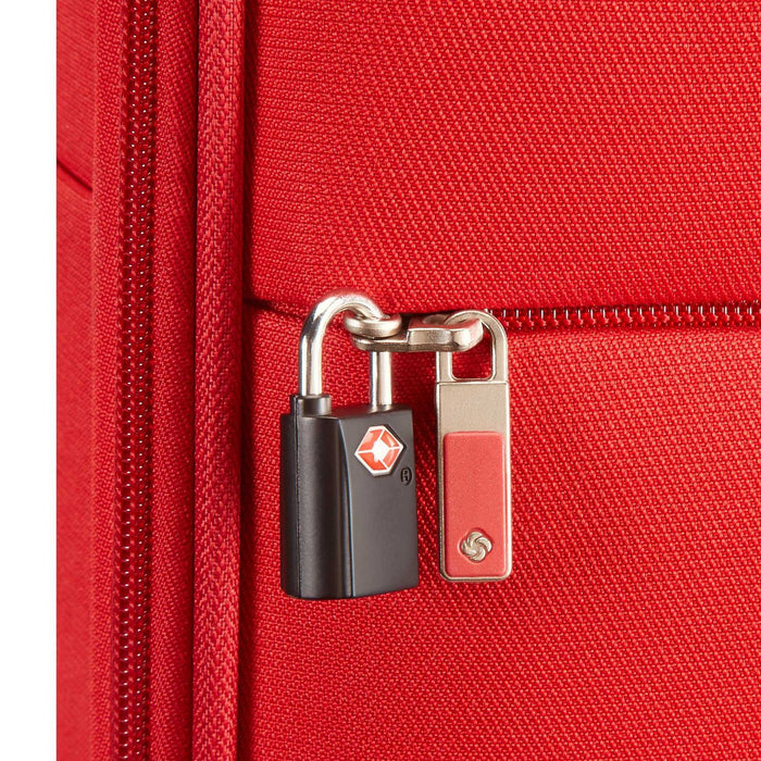 Red Samsonite Base Boost suitcase secured with a padlock