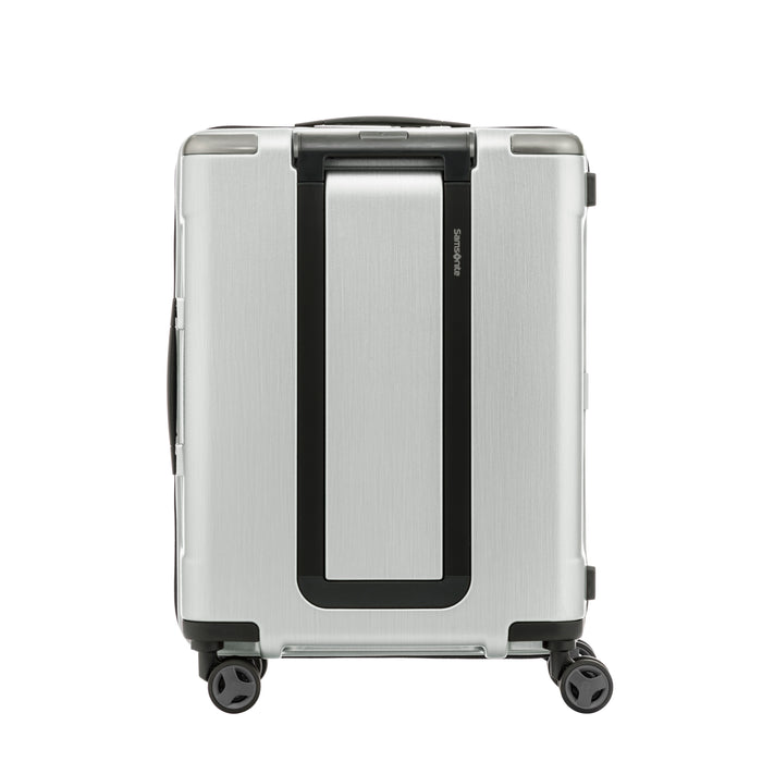 Close-up of the silver Samsonite EVOA Widebody Spinner's wheels and locking mechanism