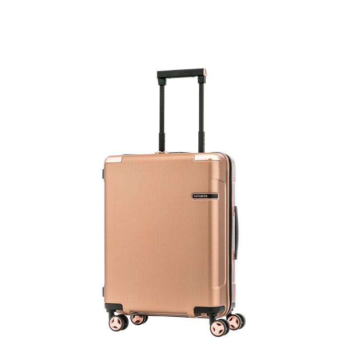 Metallic-finished Samsonite EVOA luggage with spinner wheels and ergonomic handles