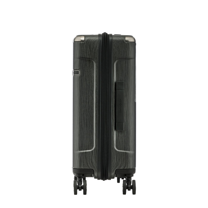 Rear view of the Samsonite EVOA Spinner Widebody in black showcasing the carry handle and badge