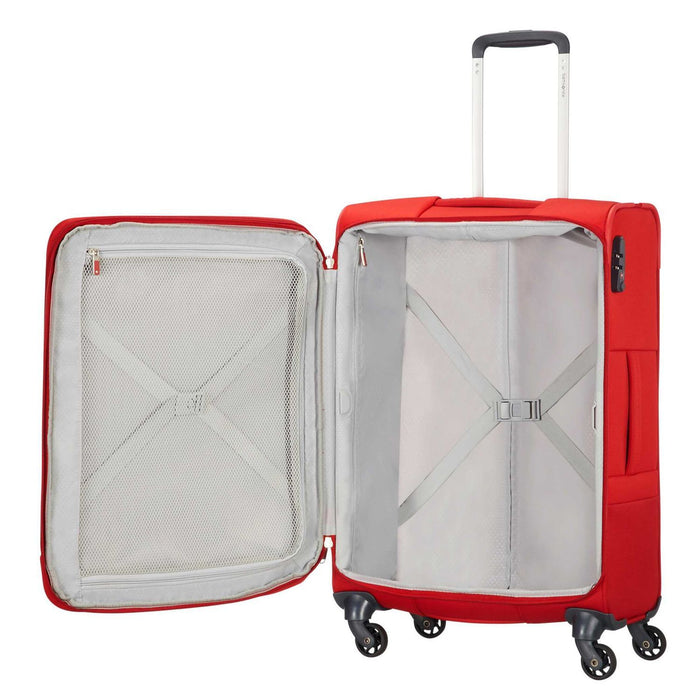 Side view of a red Samsonite Base Boost expandable spinner