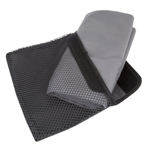 The travel towel's specialized carrying mesh bag with a black and grey design