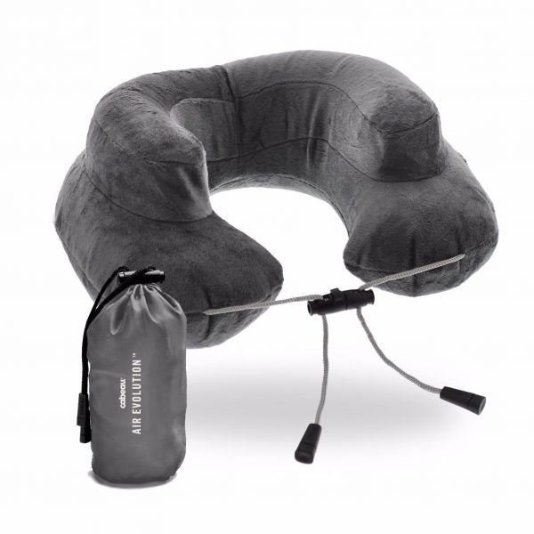 Close-up of the Air Evolution inflatable neck pillow's gray fabric
