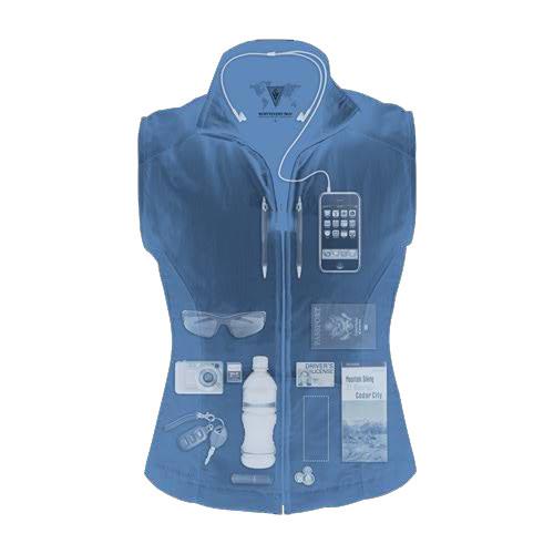 Organizational capabilities of a blue ScotteVest with space for a cellphone and water bottle