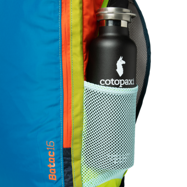 Side pocket of the Cotopaxi Batac backpack with a water bottle inserted