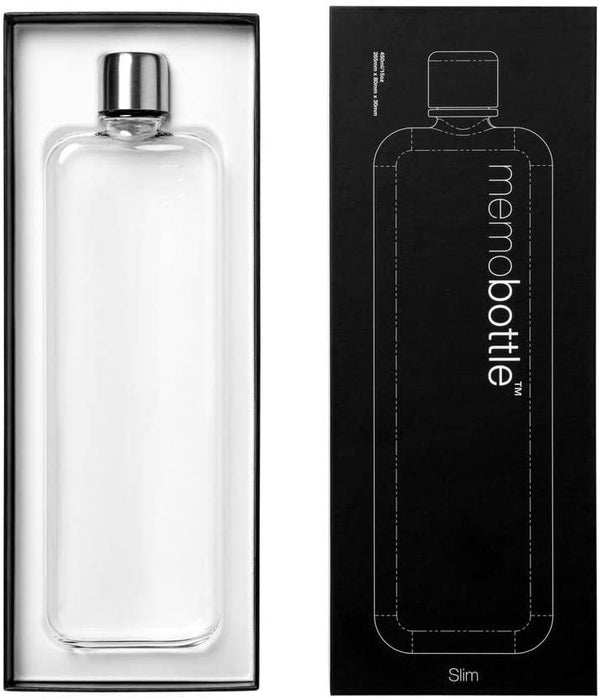 Slim memobottle 450 ml in a black packaging with white labeling