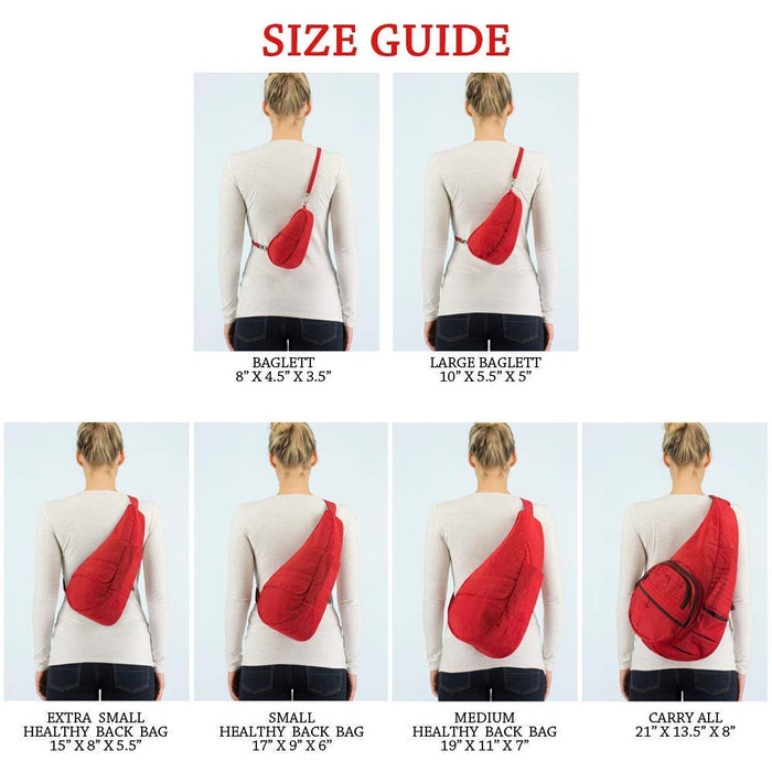 Size comparison chart for the AmeriBag Healthy Back Bag in red