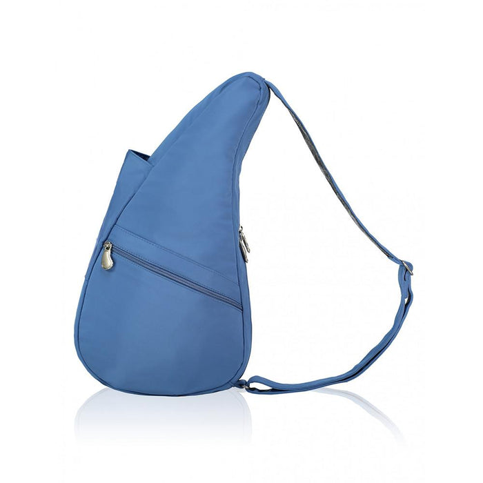 Small microfiber backpack by AmeriBag in blue with front zipper detail
