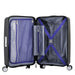 Black and blue American Tourister Curio carry-on spinner with zipper detail on white