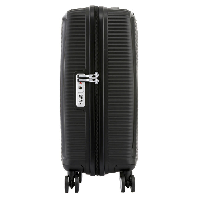 American Tourister Curio carry-on spinner in black with visible branding on white background