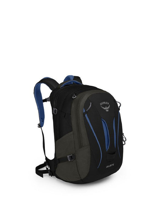 Detail shot of the Osprey Celeste backpack in black and blue color scheme
