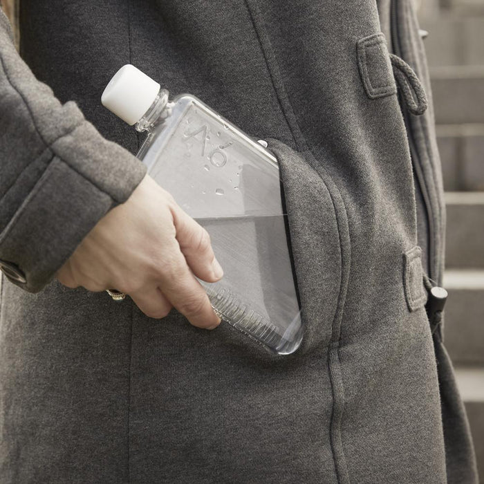 A6 memobottle being inserted into a pocket by someone